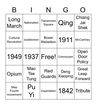 China (H) version 2 Bingo Card