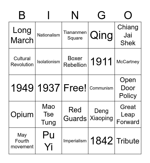 China (H) version 2 Bingo Card