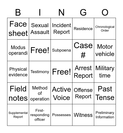 Criminal Investigations- Field Notes Bingo Card