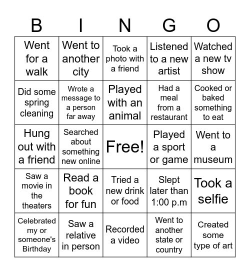 Spring Break Bingo Card