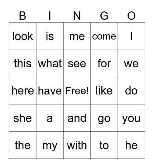 Sight word BINGO Card