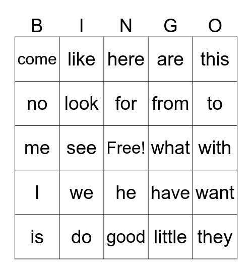 Sight Word Bingo Card