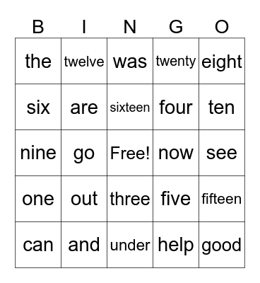 Sight Words and Numbers Bingo Card