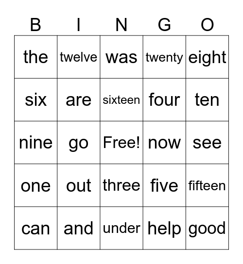 Sight Words and Numbers Bingo Card