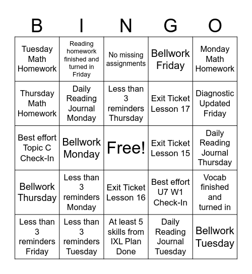 3/18-3/22 Bingo Card