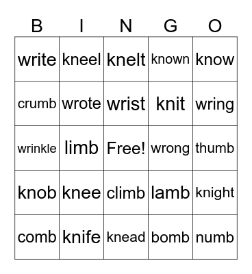 Silent Letters Bingo Card