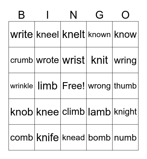 Silent Letters Bingo Card