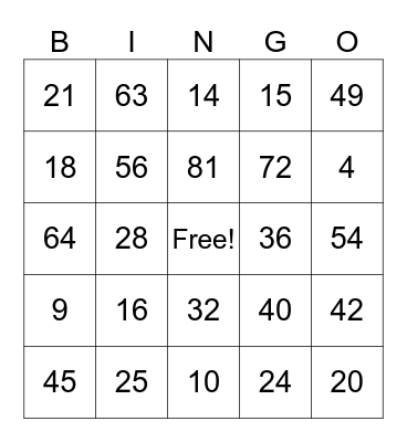 Multiplication Facts Bingo Card