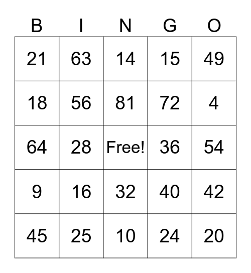 Multiplication Facts Bingo Card