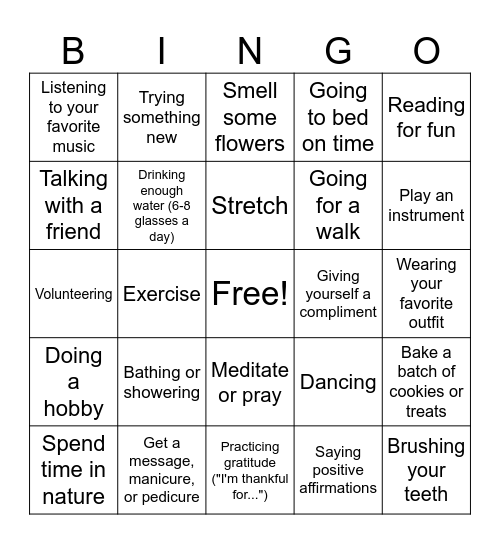 Self Care BINGO Card