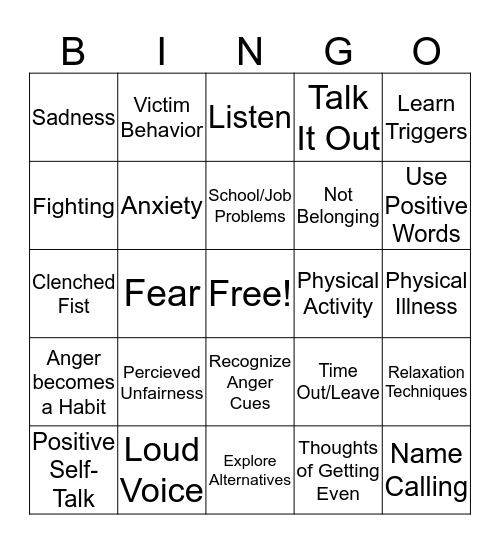 Anger Bingo Card