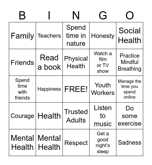 ADYP- Mental Health Bingo Card