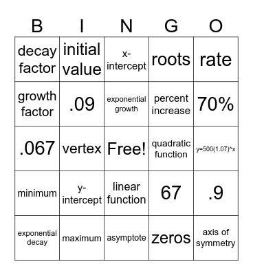 Exponential/Quadratic BINGO Card