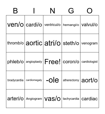 Medical Terminology Bingo Card