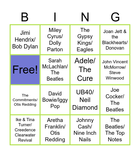 SWI Jukebox Bongo Cool Cover Versions Bingo Card