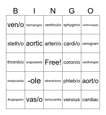 Medical Terminology Bingo Card