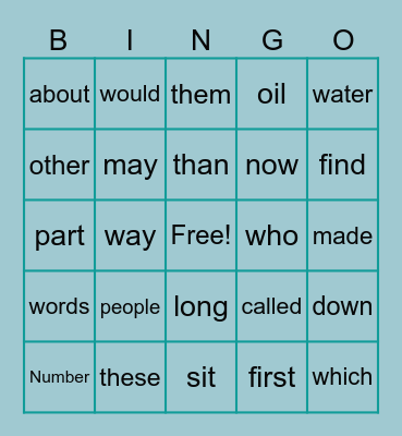 Sight Words Bingo Card