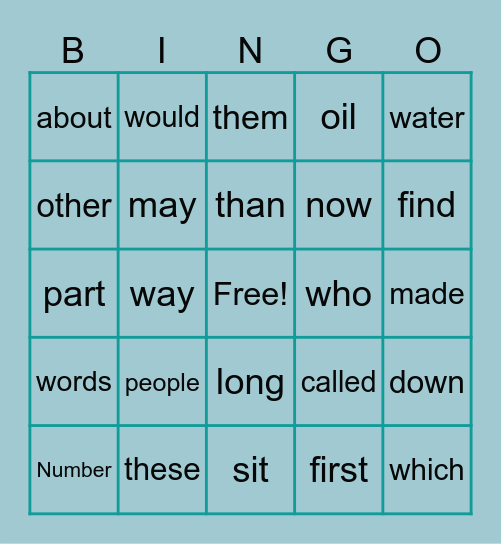 Sight Words Bingo Card