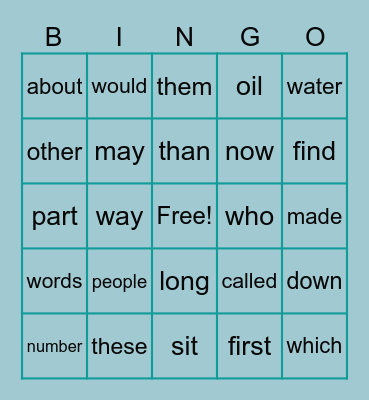 Sight Words Bingo Card