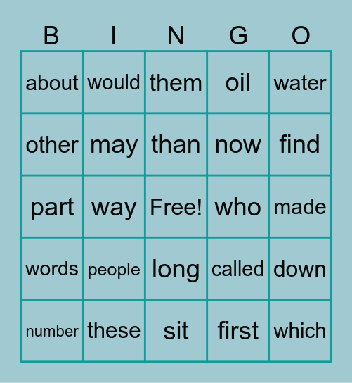 Sight Words Bingo Card