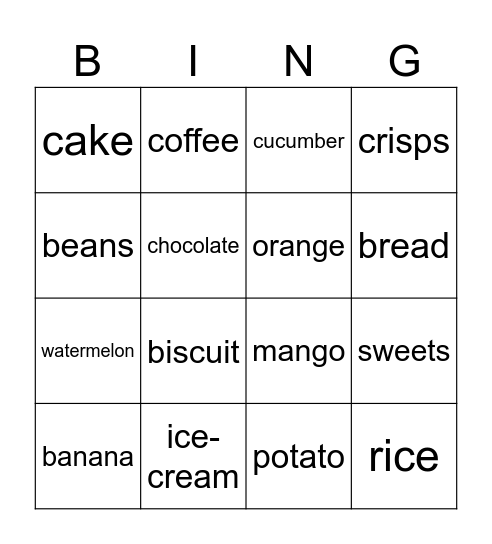 WoW Unit 3 Lesson 8A Food Bingo Card