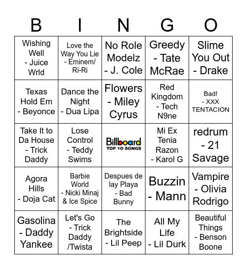 Billboard Hits Bingo Card