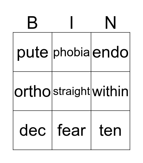 Word Stem #19 Bingo Card