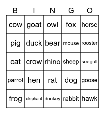 ANIMAL BINGO Card