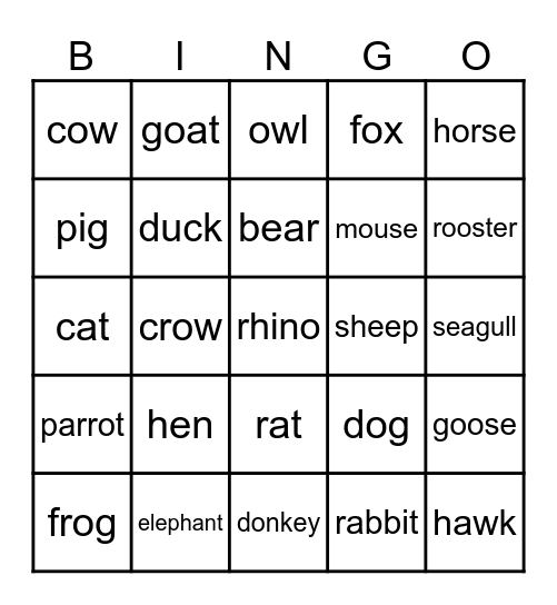 ANIMAL BINGO Card