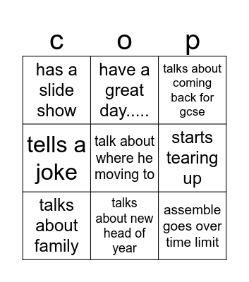 Mr copp bingo Card