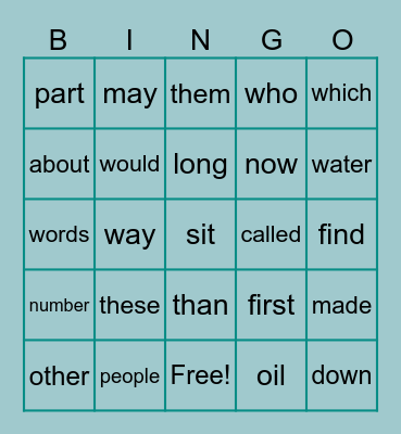 Sight Words Bingo Card