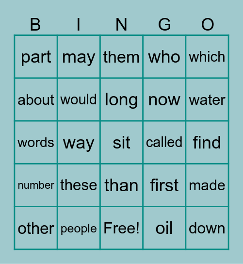 Sight Words Bingo Card