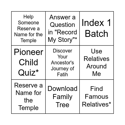 Family History Bingo! Bingo Card