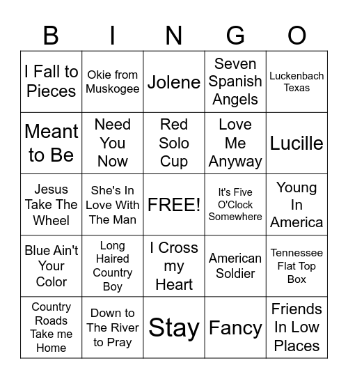 Country Music Bingo Card