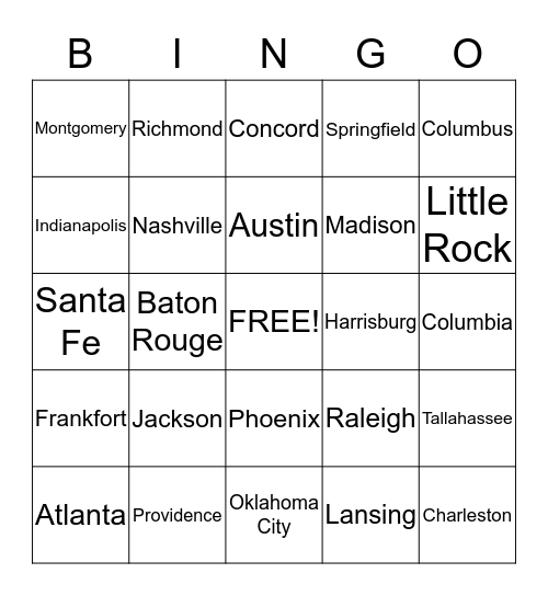 States and Capitals Bingo Card