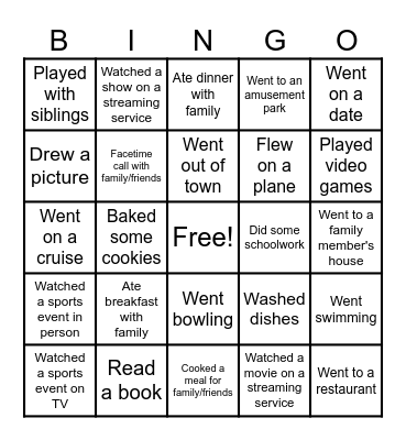 Spring Break Bingo Card