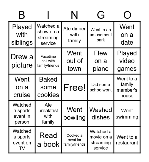 Spring Break Bingo Card