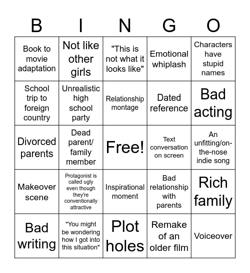 Bad 2010s Teen Movie Bingo Card