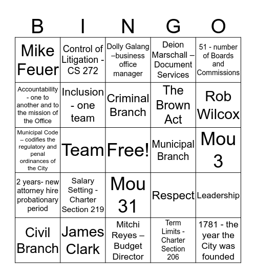 City Attorney's Office Bingo Card