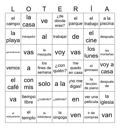 4A: ¿Adónde vas? Bingo Card