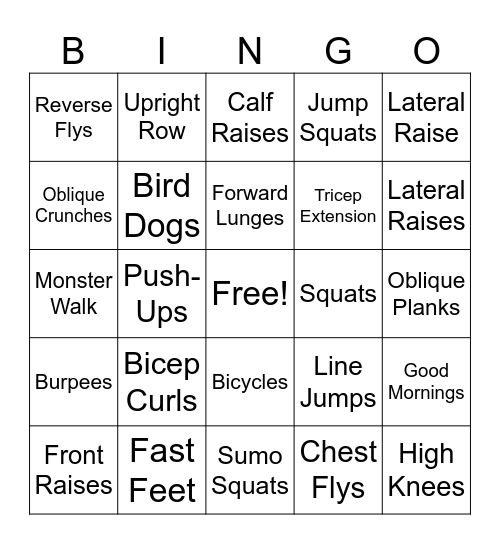 Fitness Bingo Card