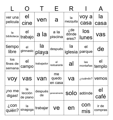 ¿Adónde vas? Bingo Card