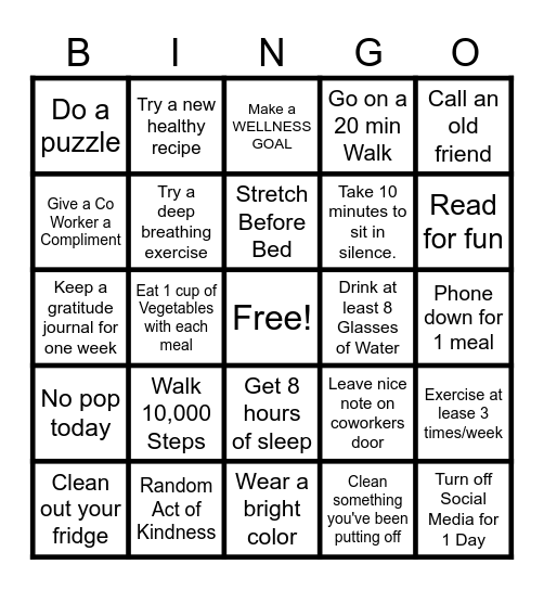 Wellness Challenge Bingo Card