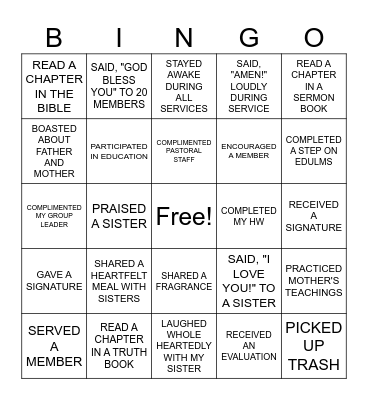 Sabbath Bingo Card