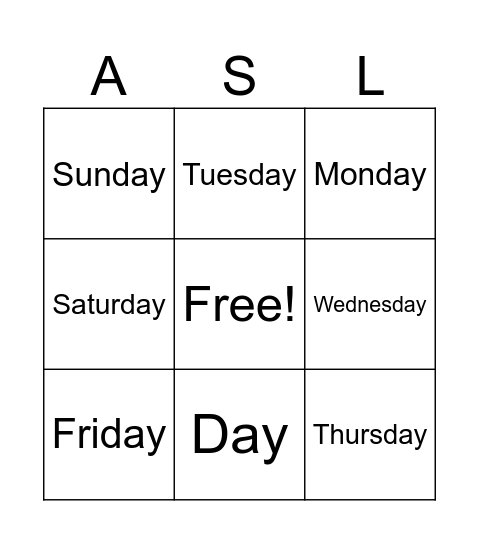 Days of the Week (ASL) Bingo Card