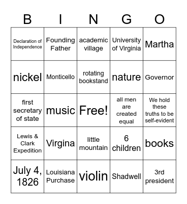 Thomas Jefferson Bingo Card