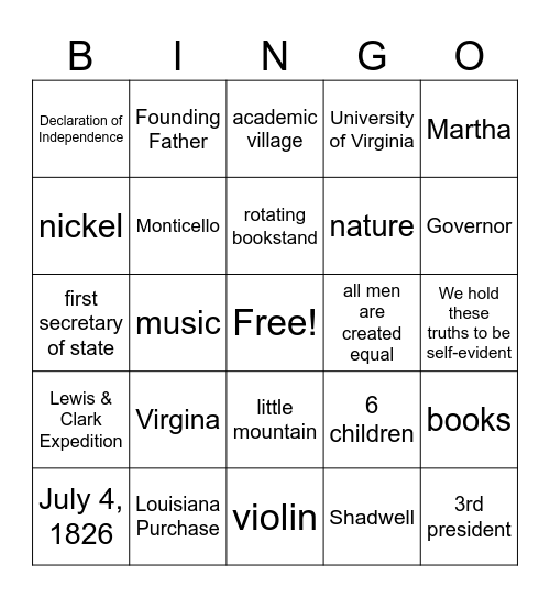 Thomas Jefferson Bingo Card