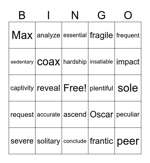 Vocabulary Word Bingo Card