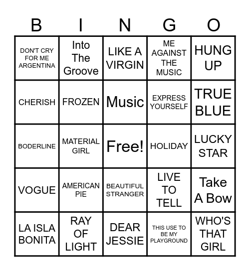 Madonna Rock N Roll Bingo Card