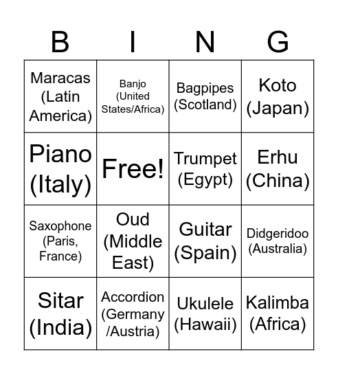 Instrument Bingo Card